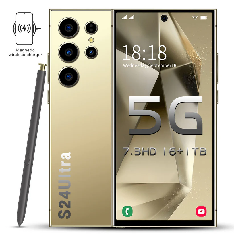 Smartphone S24 en color dorado con lápiz óptico, vista frontal y trasera